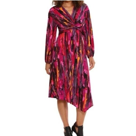 London Times Twisted Front 3/4 Sleeve A-Line Dress Berry Multi Print Size 16 - Picture 1 of 16